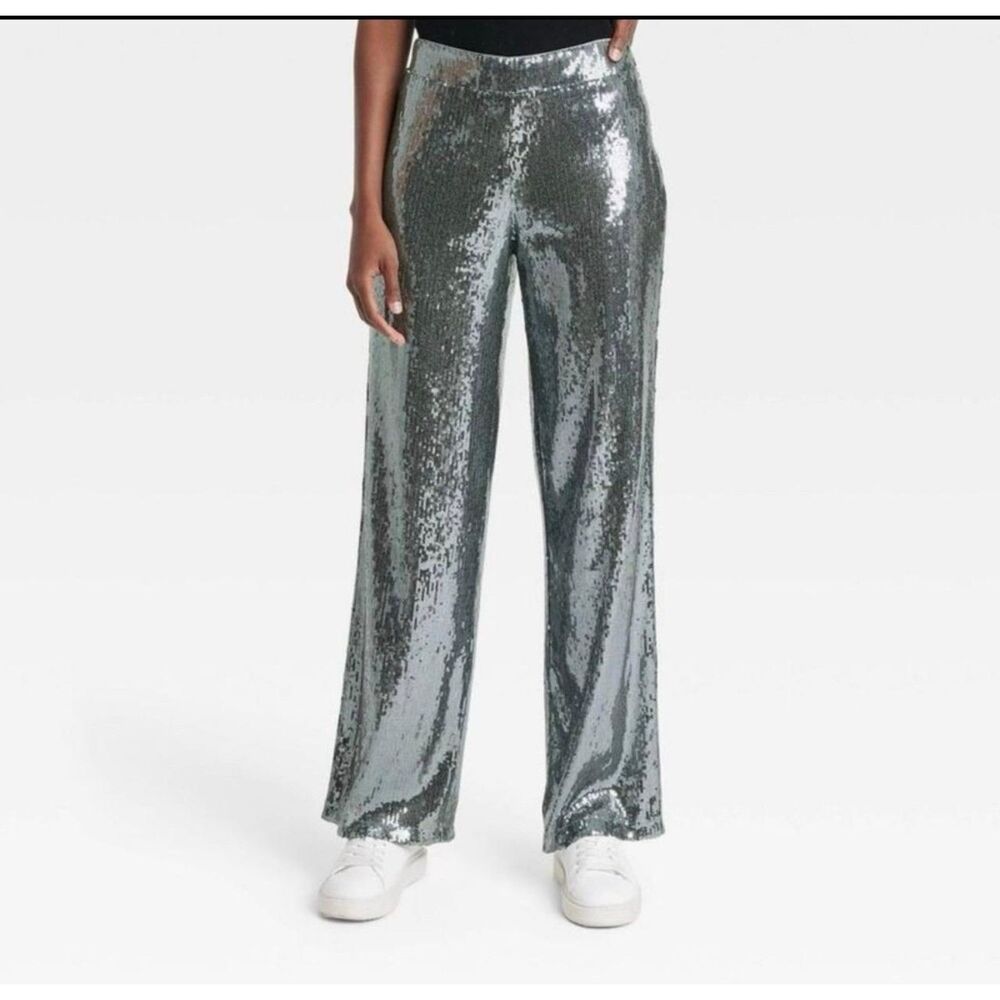 A New Day Wide Leg Silver Sequin Pants Size 8